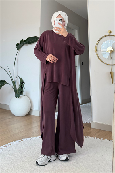Peny Pike Orijinal Modal Kumaş Parçalı Tunik-Pantolon Tesettür Takım- Mürdüm