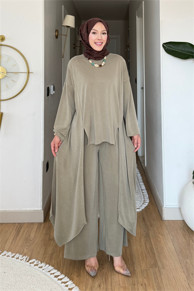 Peny Pike Orijinal Modal Kumaş Parçalı Tunik-Pantolon Tesettür Takım- Haki