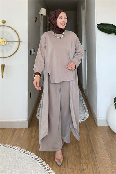 Peny Pike Orijinal Modal Kumaş Parçalı Tunik-Pantolon Tesettür Takım- Bej