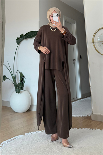Peny Pike Orijinal Modal Kumaş Parçalı Tunik-Pantolon Tesettür Takım- Kahverengi