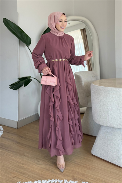 Rosella Kore Şifon Kumaş Astarlı Tesettür Elbise- Pembe