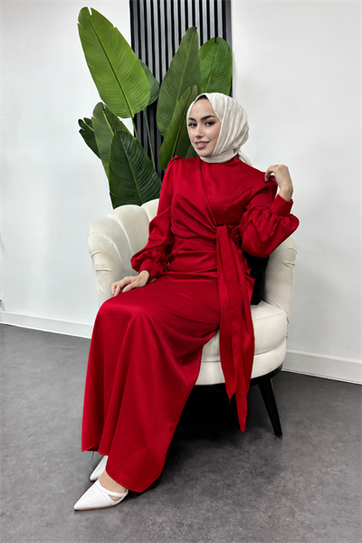 Roya Model Yandan Bağlamalı Saten Abiye-Kırmızı