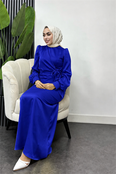 Roya Model Yandan Bağlamalı Saten Abiye-Saks Mavi