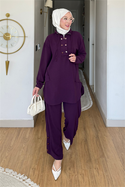 Tulas Aeorbin Kumaş Dik Yaka Tunik-Pantolon Tesettür Takım- Mor