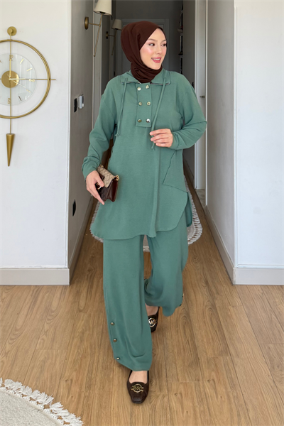 Tulas Aeorbin Kumaş Dik Yaka Tunik-Pantolon Tesettür Takım- Turkuaz