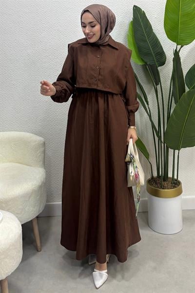 Üst Cepken Detaylı Lizza Kumaş İkili Elbise-Kahverengi