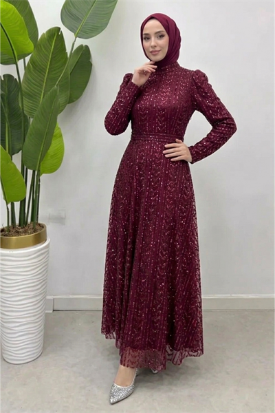 Yenna Kuşaklı İşlemeli Tesettür Abiye- Bordo