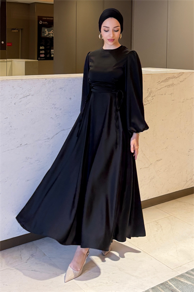 Zühre Model Yandan Bağlamalı Saten Abiye-Siyah