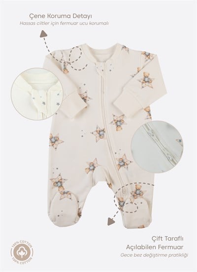 Organik Blue Bear Fermuarlı Tulum Ekru