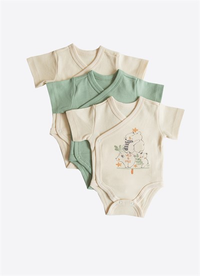 Organik Cute Bear 3lü Kısa Kol Kruvaze Body Yeşil
