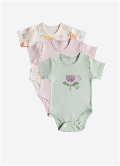 Organik Cute Bunny 3lü Kısa Kol Body Pembe