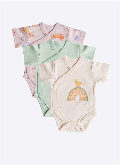 Organik Cute Bunny 3lü Kruvaze Kısa Kol Body Pembe