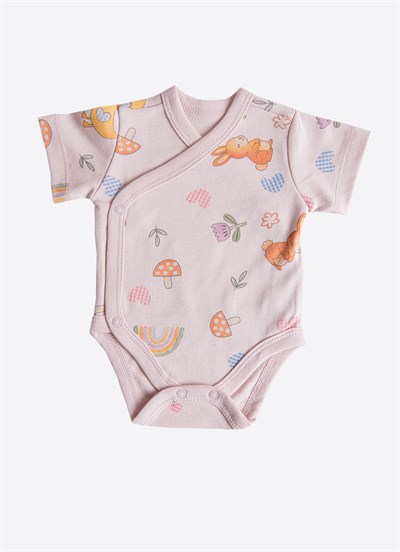 Organik Cute Bunny 3lü Kruvaze Kısa Kol Body Pembe
