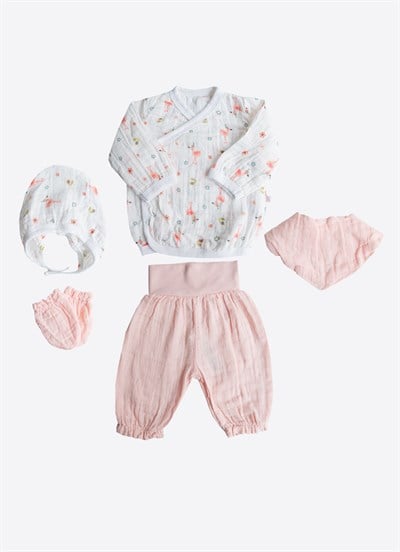 Organik Flamingo Müslin 5li Hastane Çıkış Seti Pembe