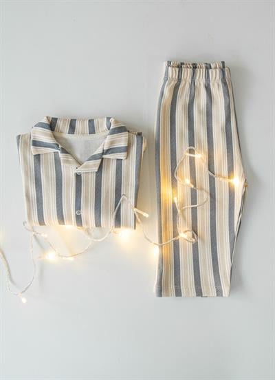 Organik Ludo Pijama Takımı Bej Lacivert