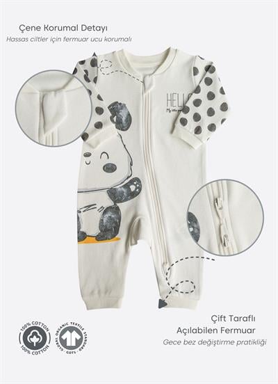Organik Panda Fermuarlı Tulum Ekru
