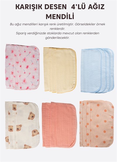 Organik Piki 4lü Ağız Mendili Çok Renkli