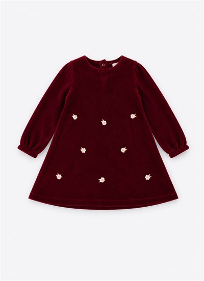 Organik Velvet Flowers Elbise Kırmızı