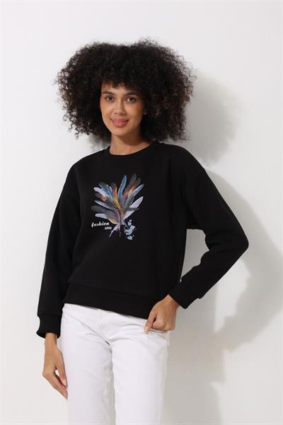 3 Iplik Kadın Yaprak Desenli Baskılı Siyah Sweatshirt