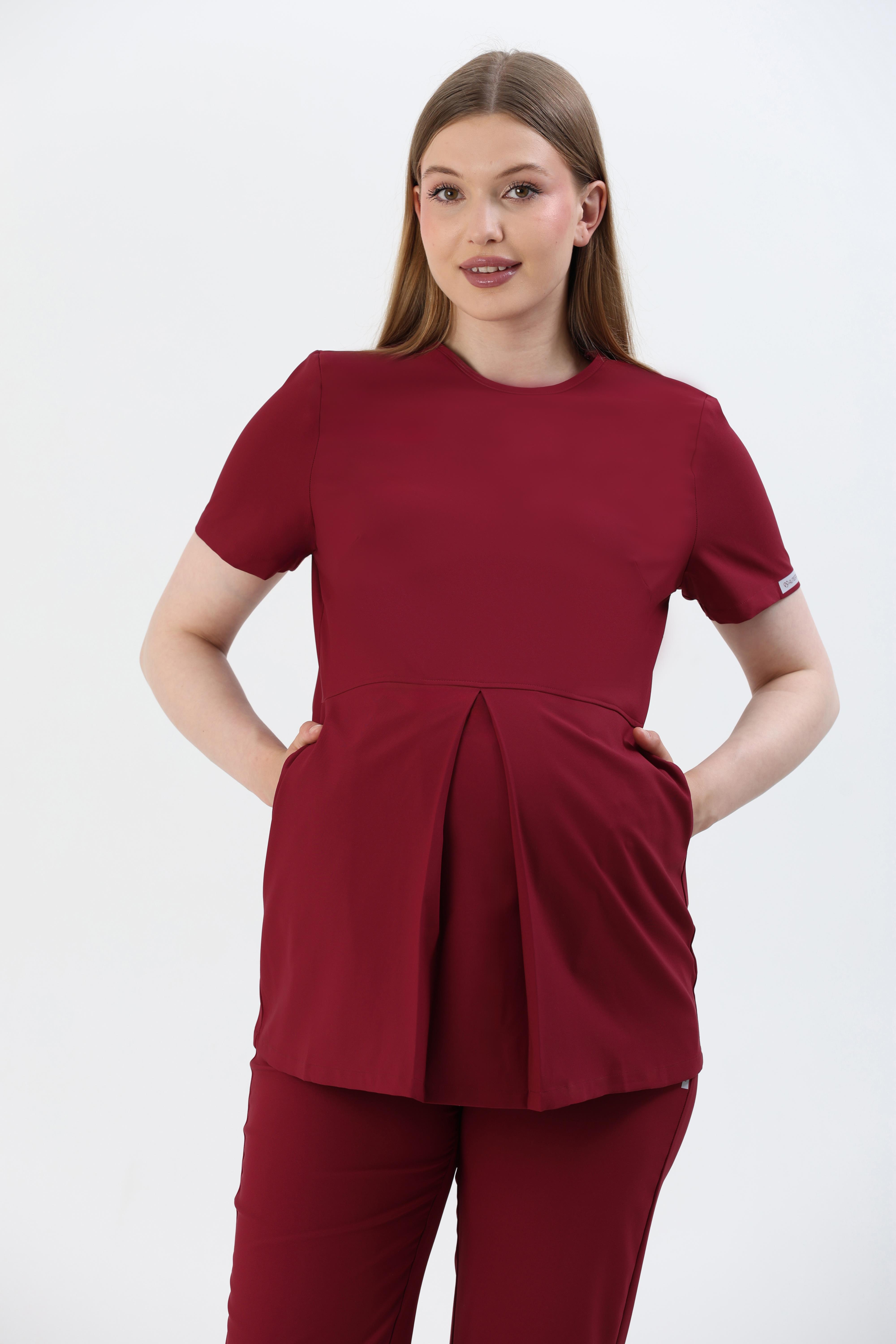 Premium BERRY Hamile Cerrahi Üst Kısa Kol - Bordo