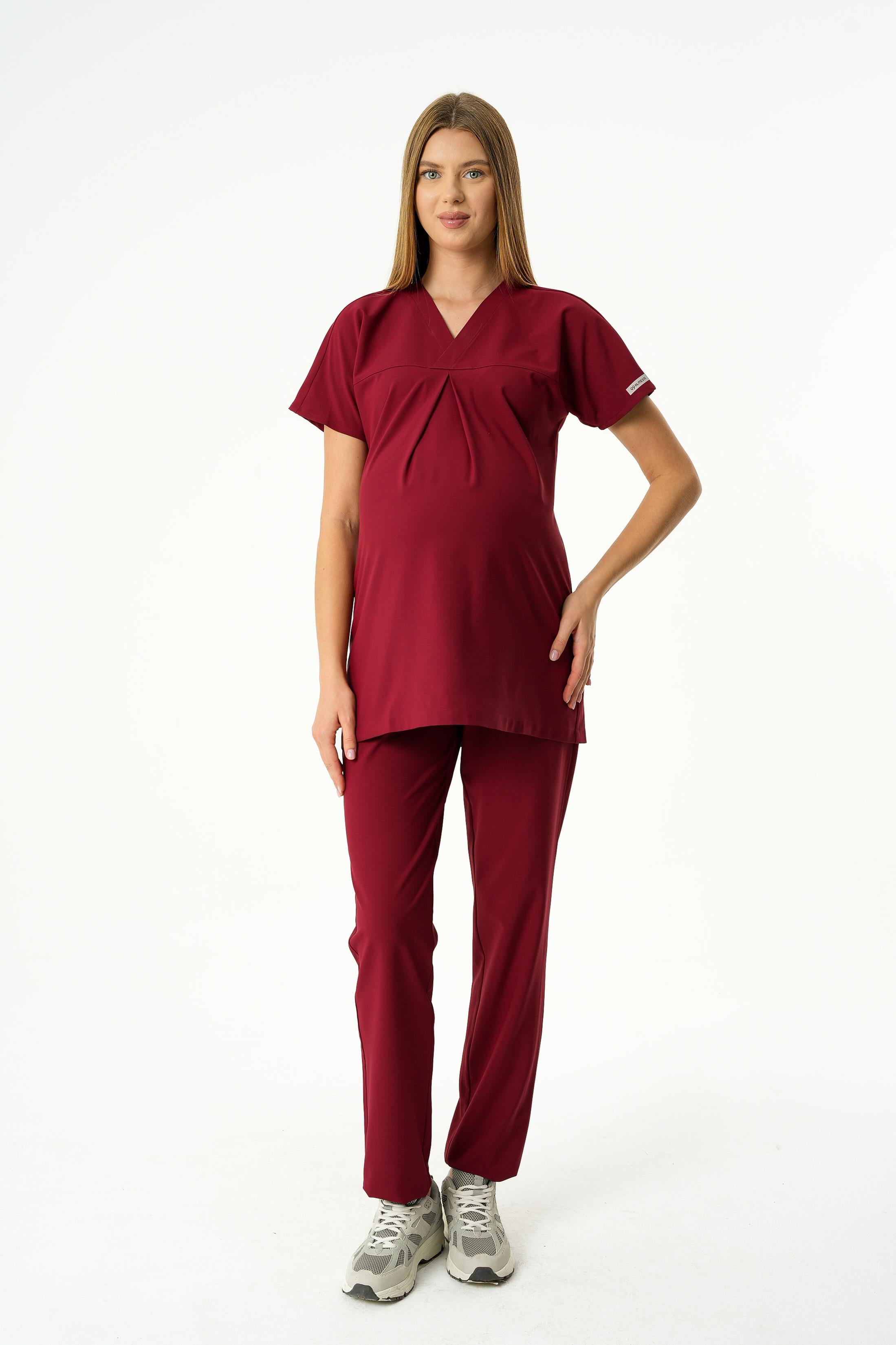 Premium BLOOM Hamile Cerrahi Üst Kısa Kol- Bordo