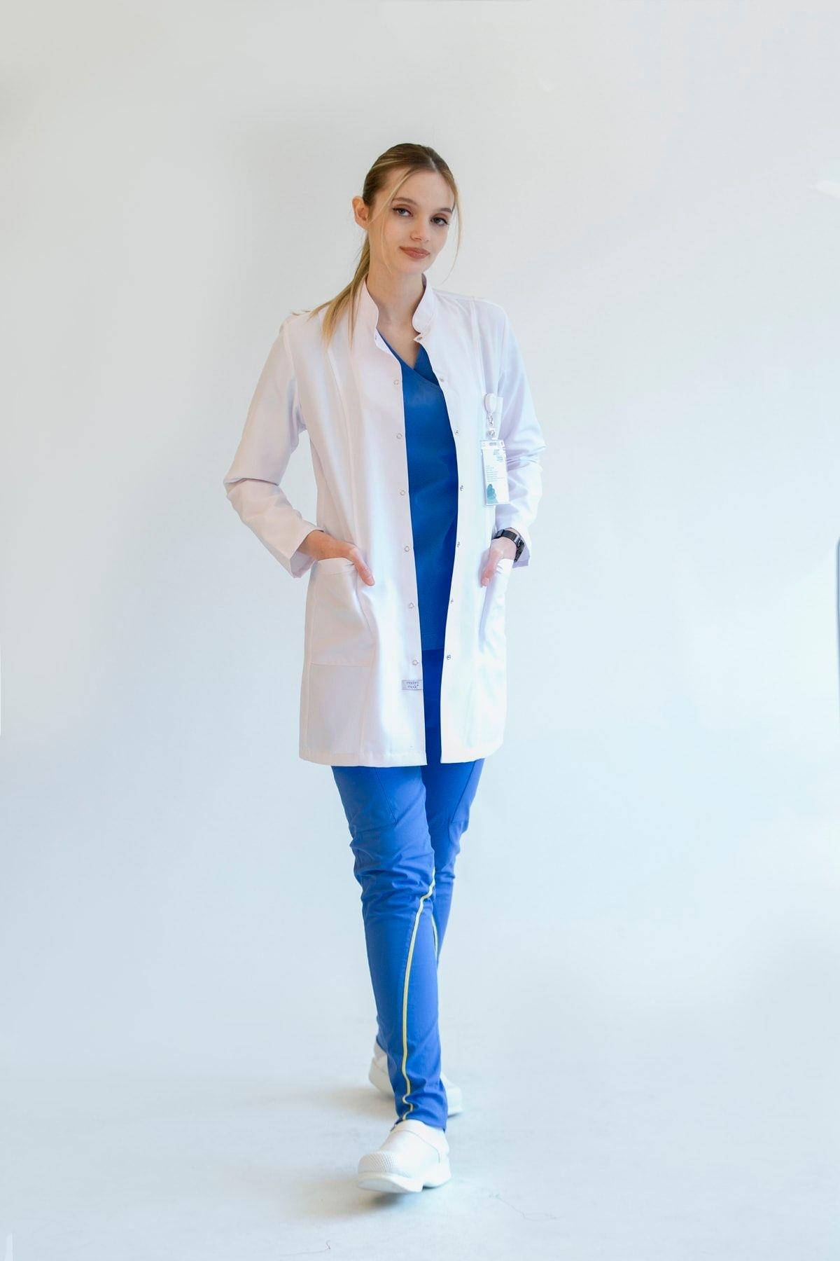 Hakim Yaka Uzun Kol Doktor Öğretmen Fit Önlük - Lab Coat