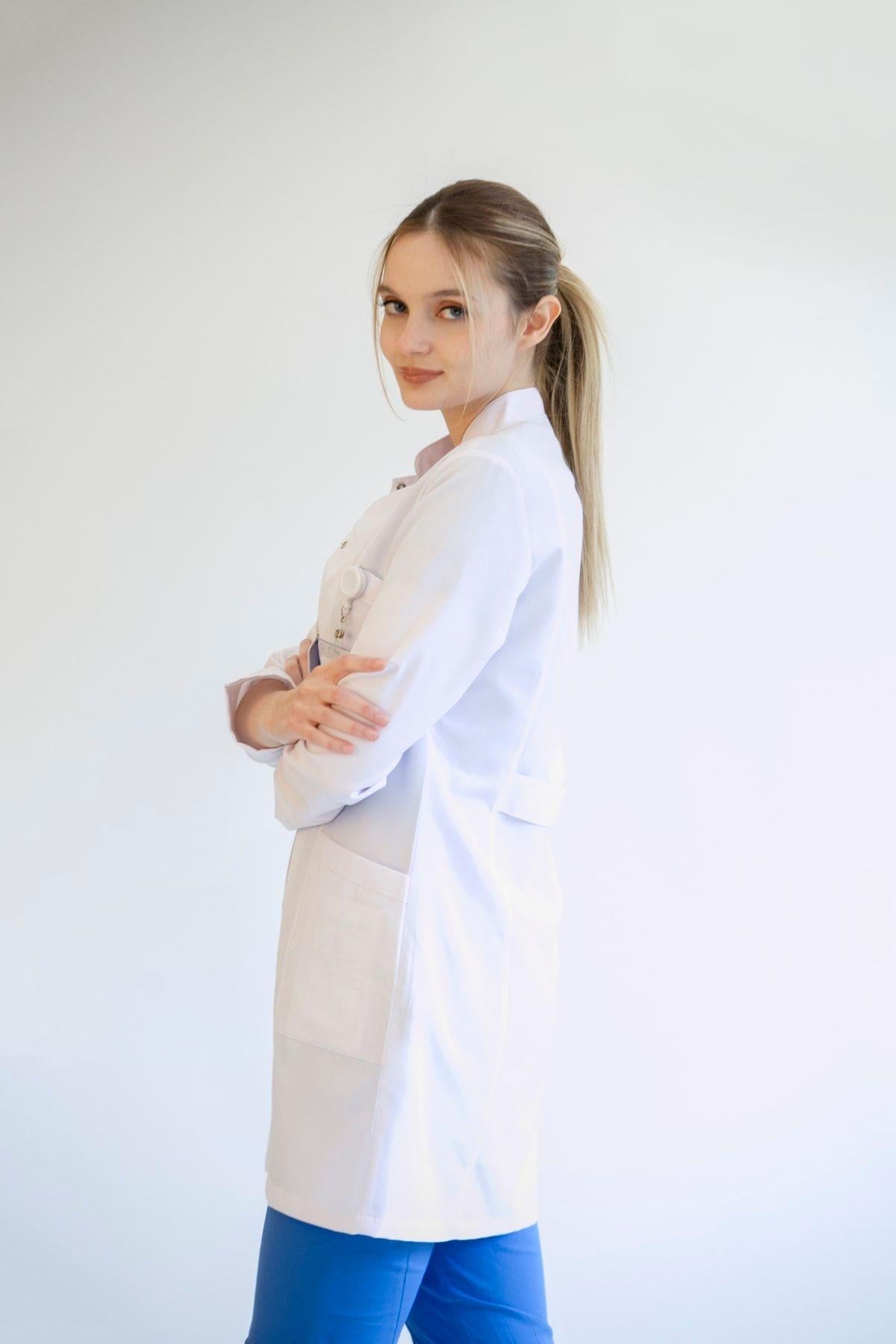 Hakim Yaka Uzun Kol Doktor Öğretmen Fit Önlük - Lab Coat