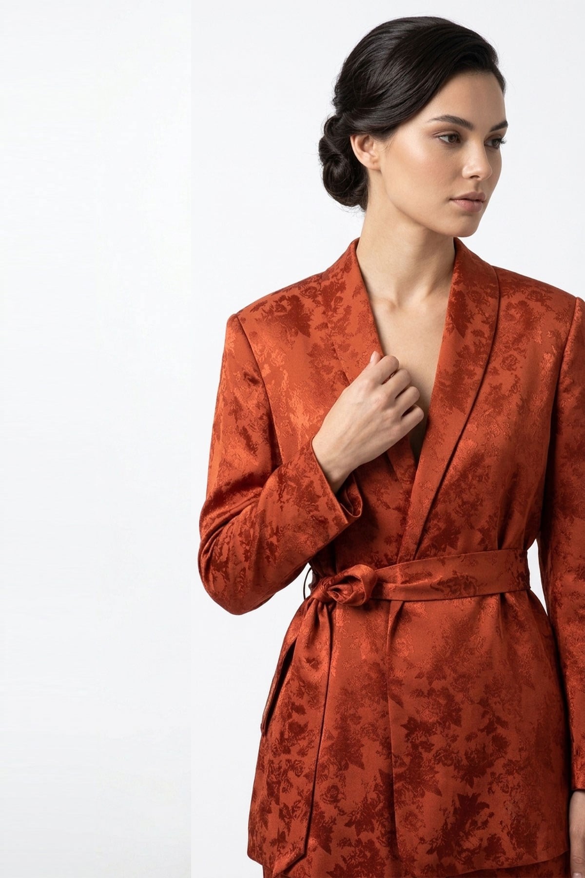 LUXORA Desenli Blazer Bol Paça Kiremit Kadın Takım