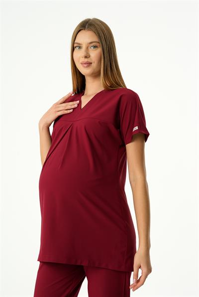 Premium BLOOM Hamile Cerrahi Üst Kısa Kol- Bordo