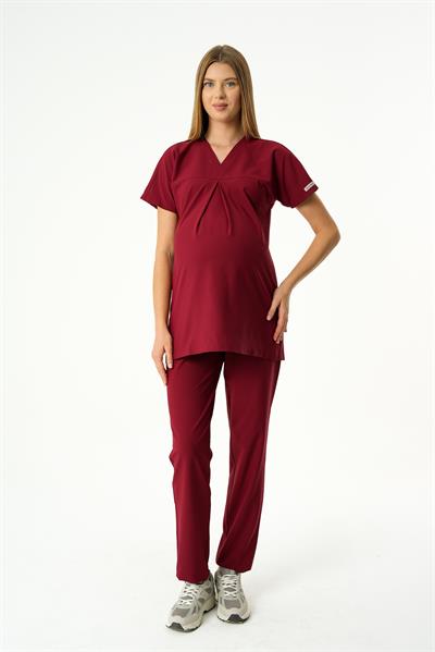 Premium BLOOM Hamile Cerrahi Üst Kısa Kol- Bordo