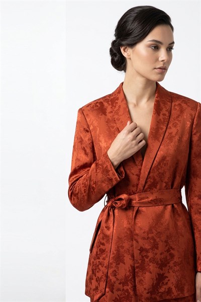 LUXORA Desenli Blazer Bol Paça Kiremit Kadın Takım
