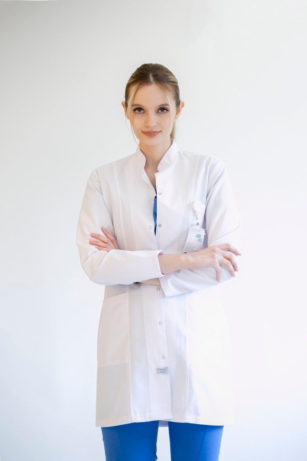 Hakim Yaka Uzun Kol Doktor Öğretmen Fit Önlük - Lab Coat