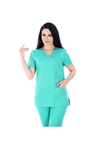 Zarf Yaka Likralı Doktor Hemşire Cerrahi Takım Üniforma - Yeşil