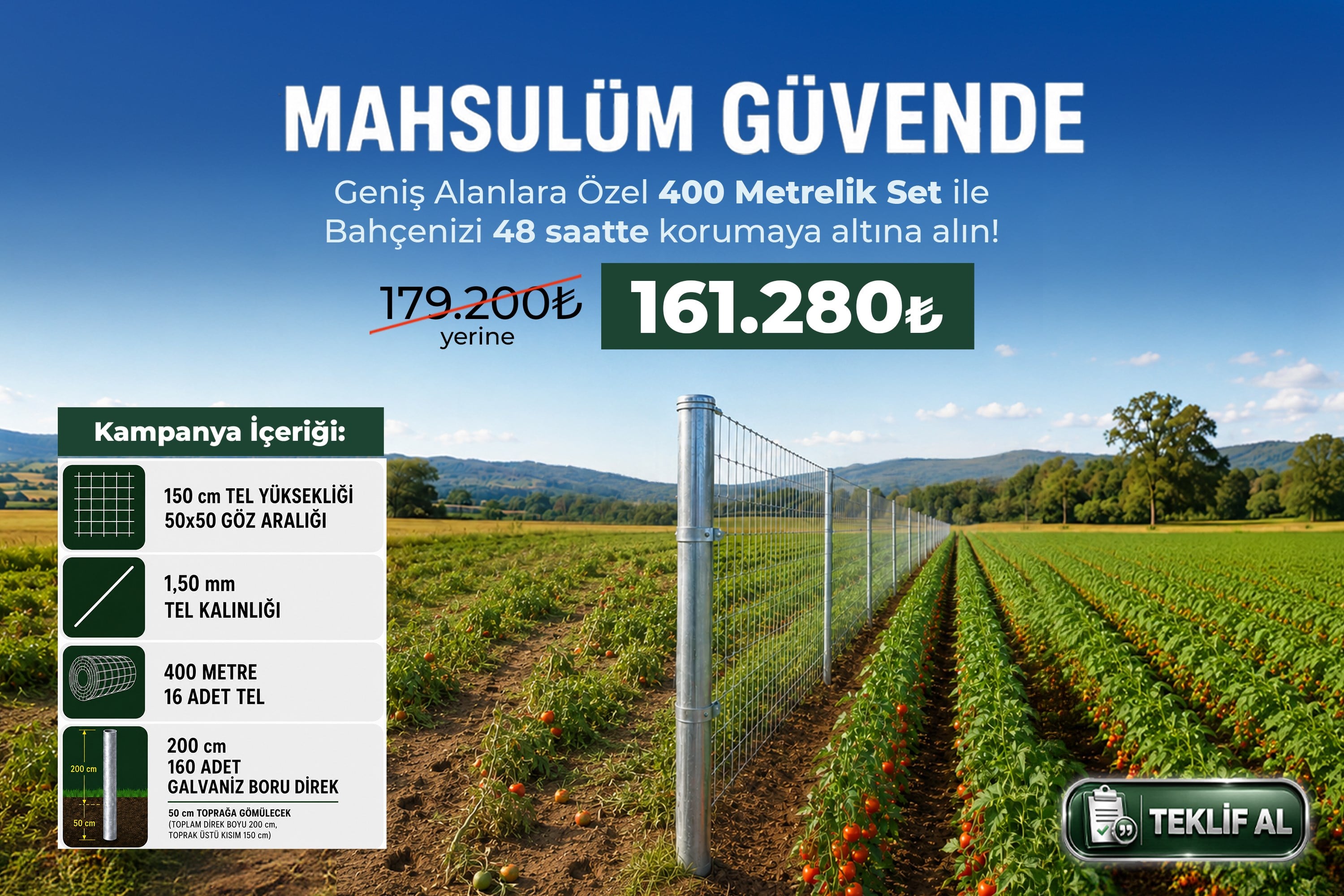 Mahsulüm Güvende 400 Metre Geniş Alan Koruma Seti (150 cm Tel + Galvaniz Direk)