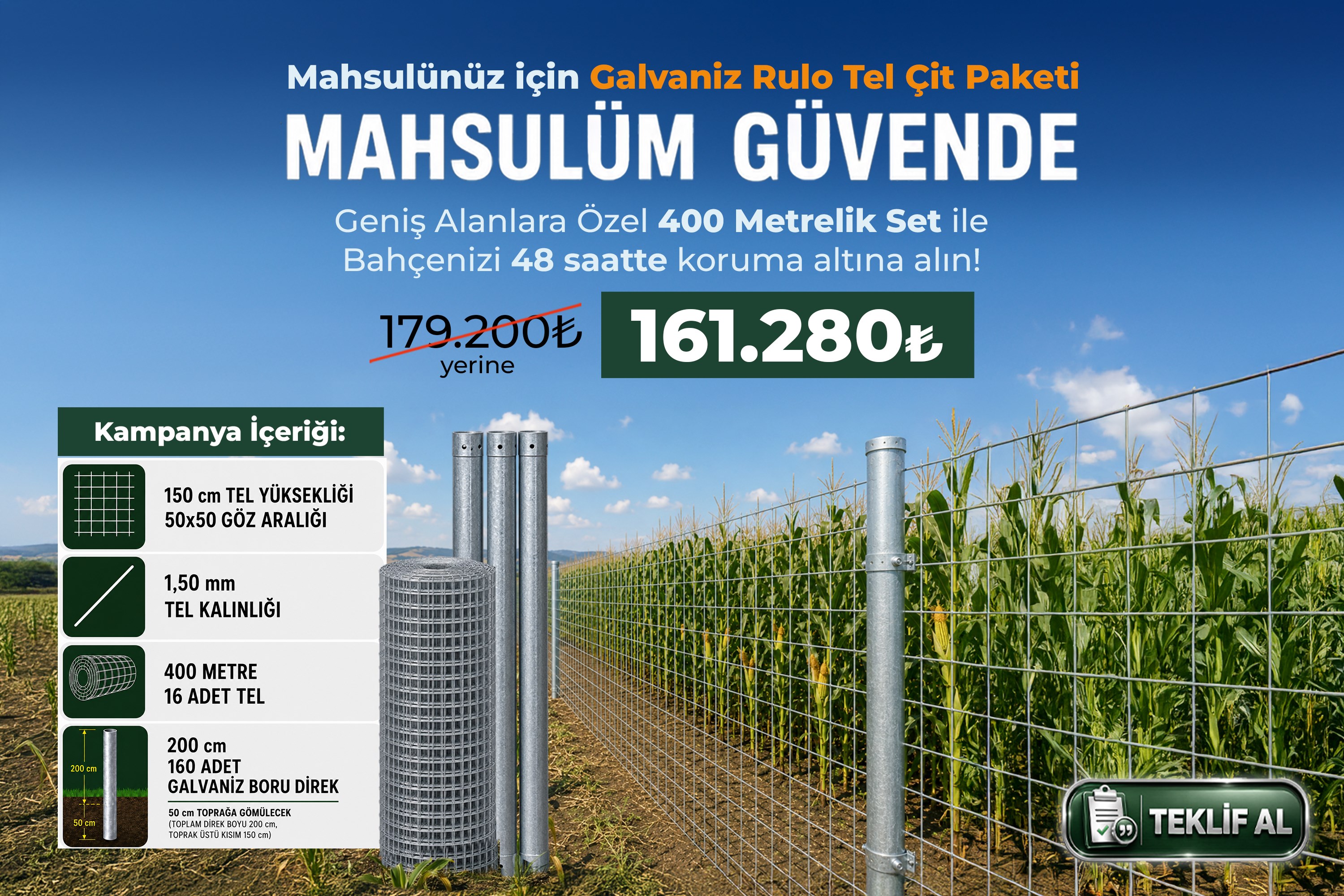 Mahsulüm Güvende 400 Metre Geniş Alan Koruma Seti (150 cm Tel + Galvaniz Direk)