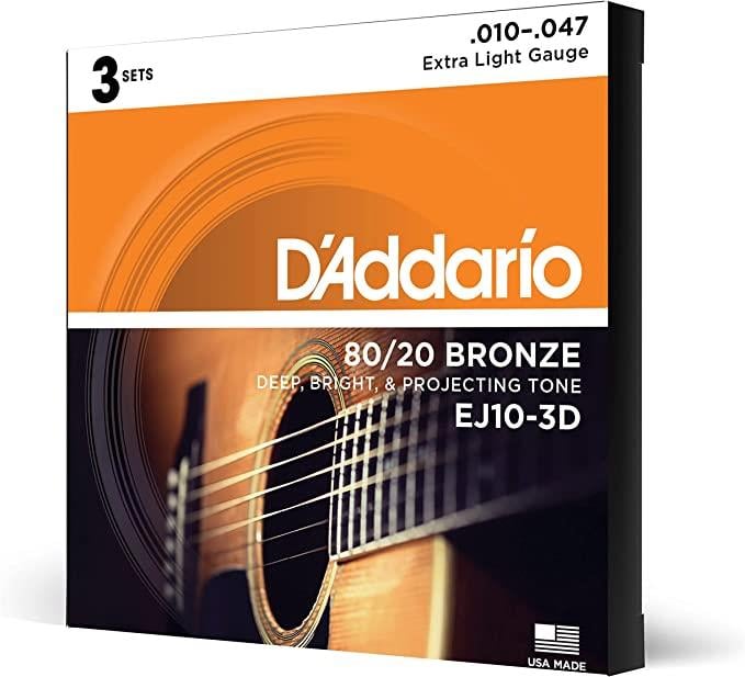 DADDARIO EJ10-3D AKUSTİK GİTAR TEL SETİ, 3'LÜ PAKET, 10-47, 80/20 BRONZE, EXTRA LIGHT