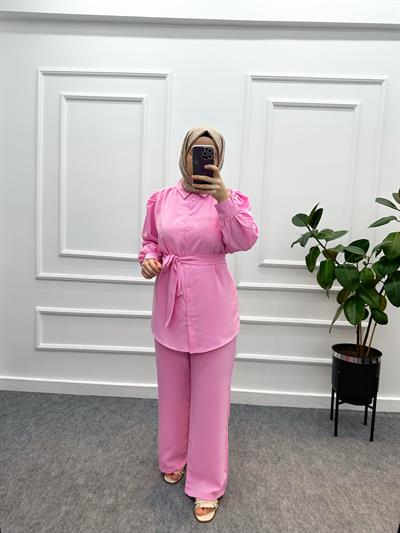 Double Krep Kumaş İkili Takım Pembe