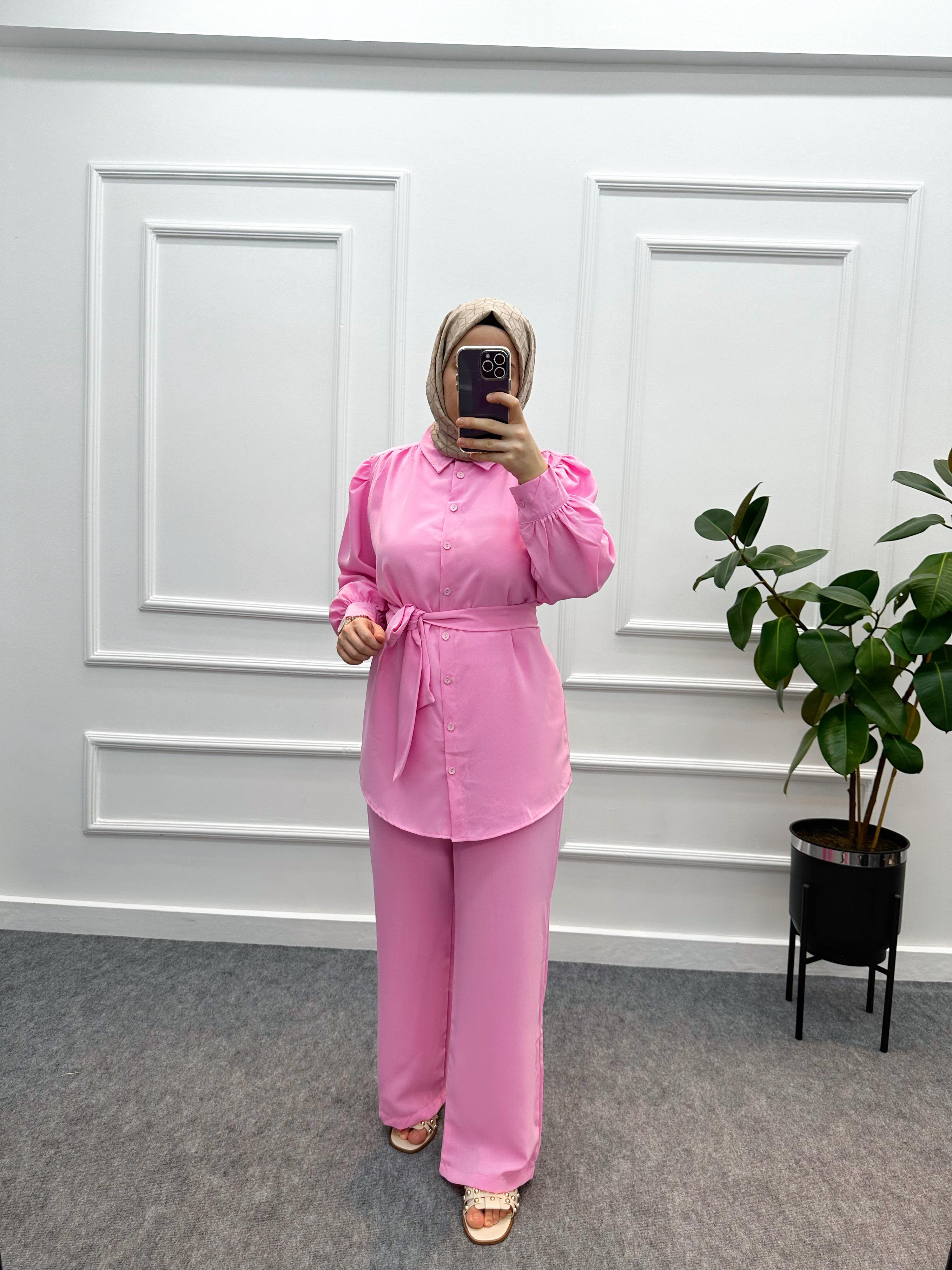 Double Krep Kumaş İkili Takım Pembe