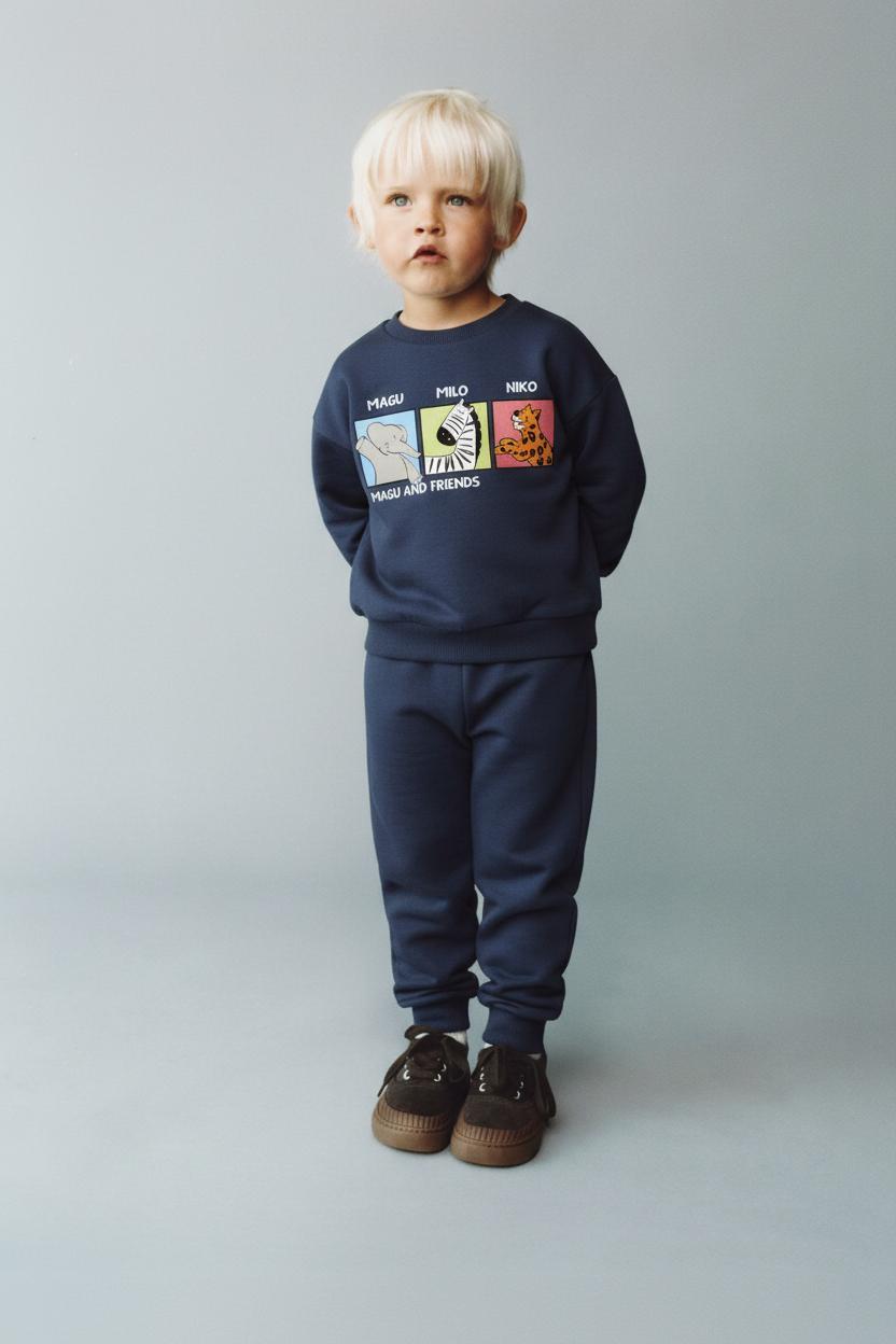 Erkek Çocuk Pamuklu Lacivert Magu and Friends Baskılı Sweatshirt Eşofman Takımı