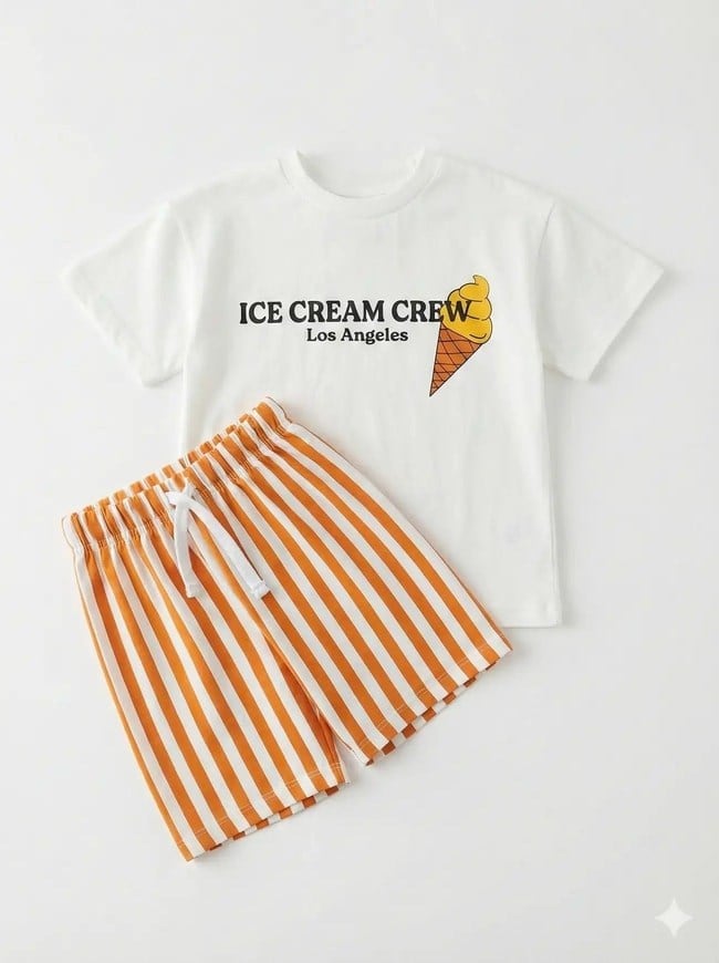 Unisex Çocuk Pamuklu Beyaz Dondurma Baskılı T-Shirt ve Çizgili Şort Takım - Yazlık