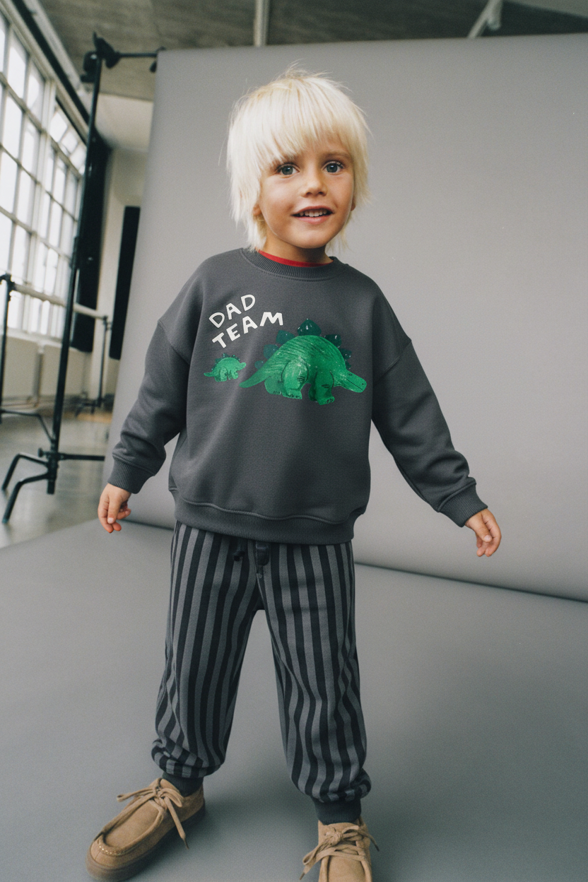 Erkek Çocuk Pamuklu Gri Sevimli Hayvancık Baskılı Sweatshirt - Dad Team Yazılı