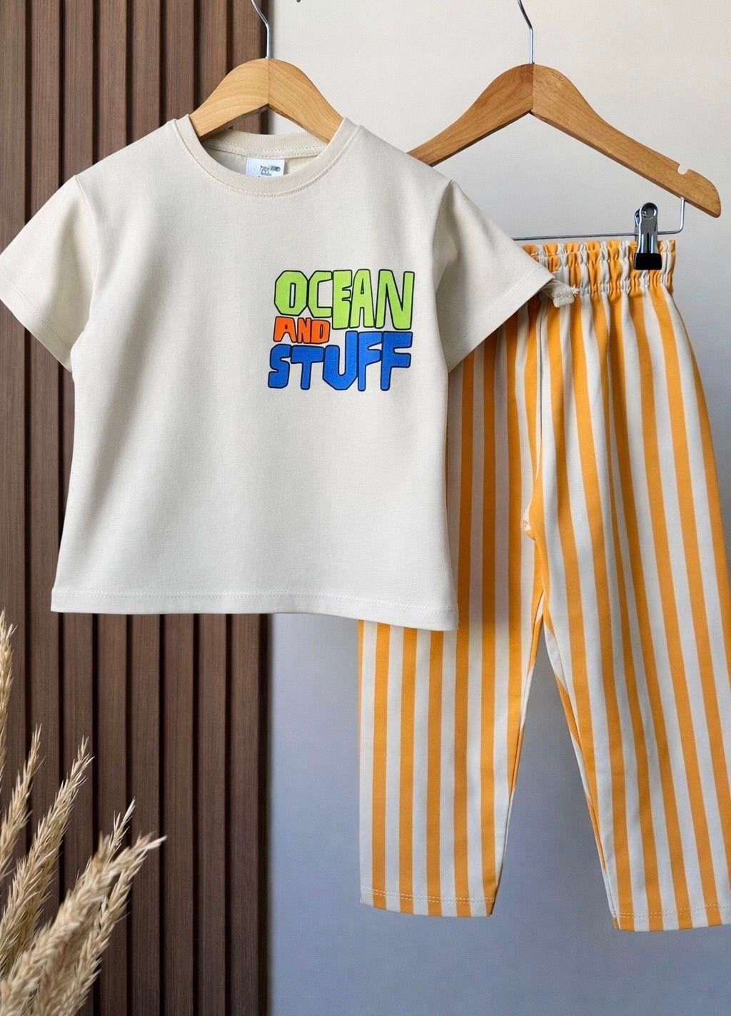 Erkek Çocuk Pamuklu Ocean Baskılı T-shirt Çizgili Eşofman Takım