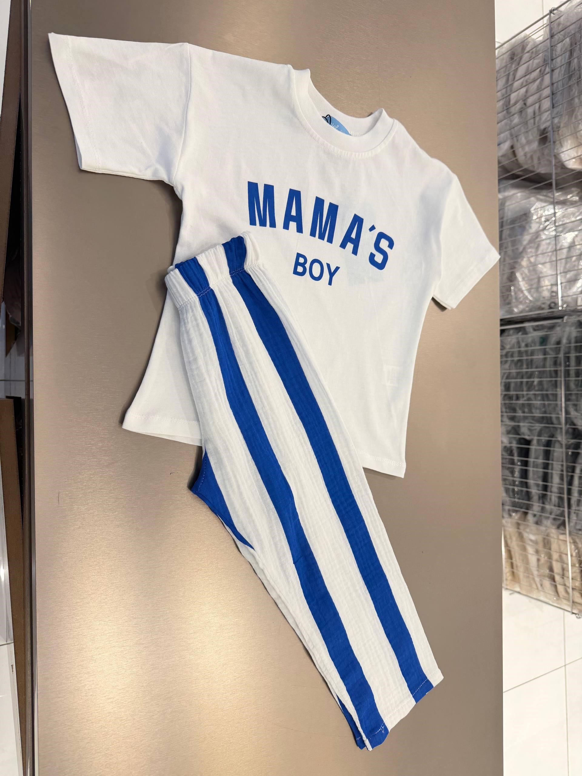 Erkek Çocuk Pamuklu Mamas Boy Baskılı T-shirt Çizgili Müslin Pantolon Takım