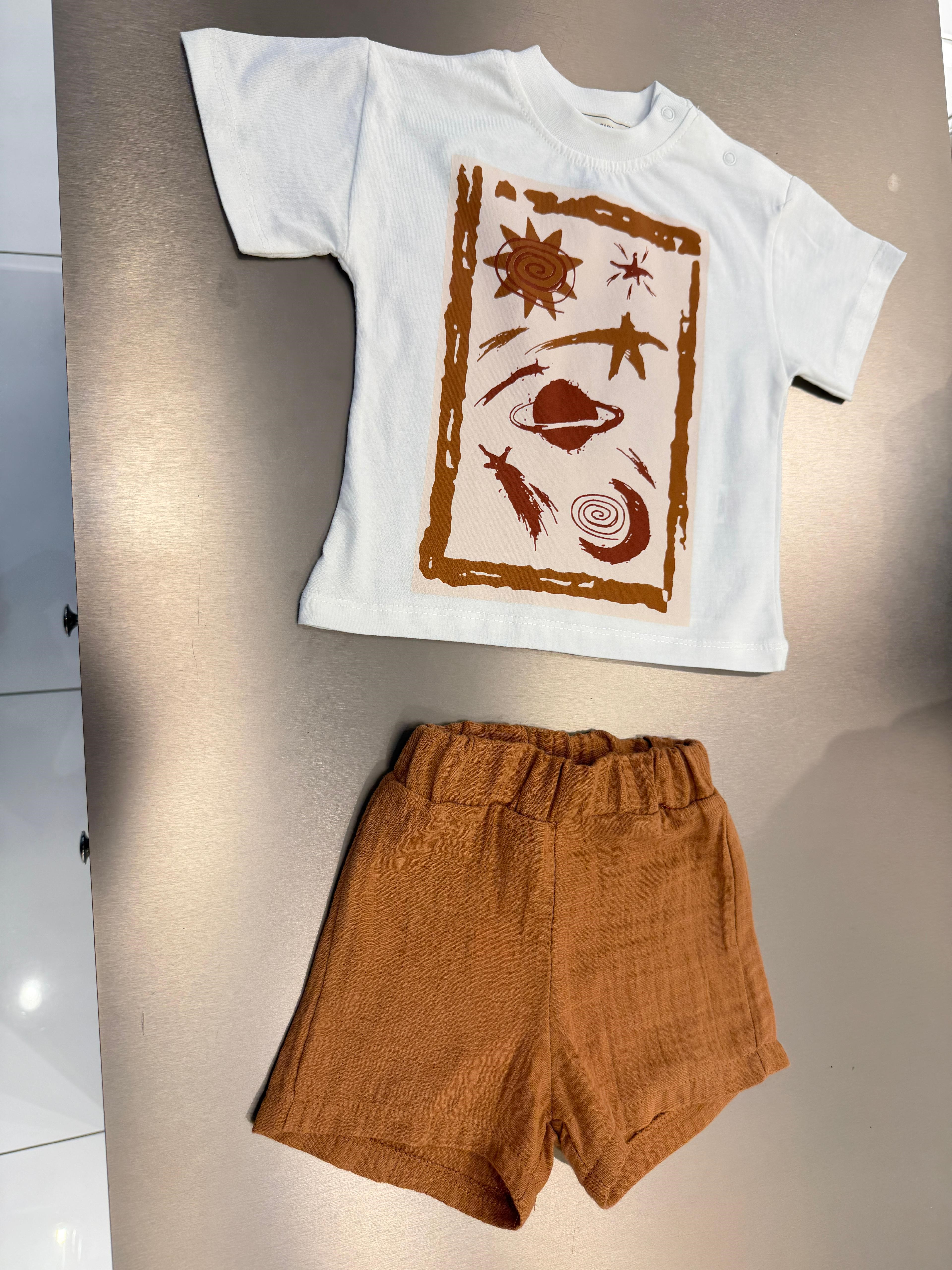 Unisex Bebek Pamuklu Ekru Uzay Temalı Tişört Şort Takım