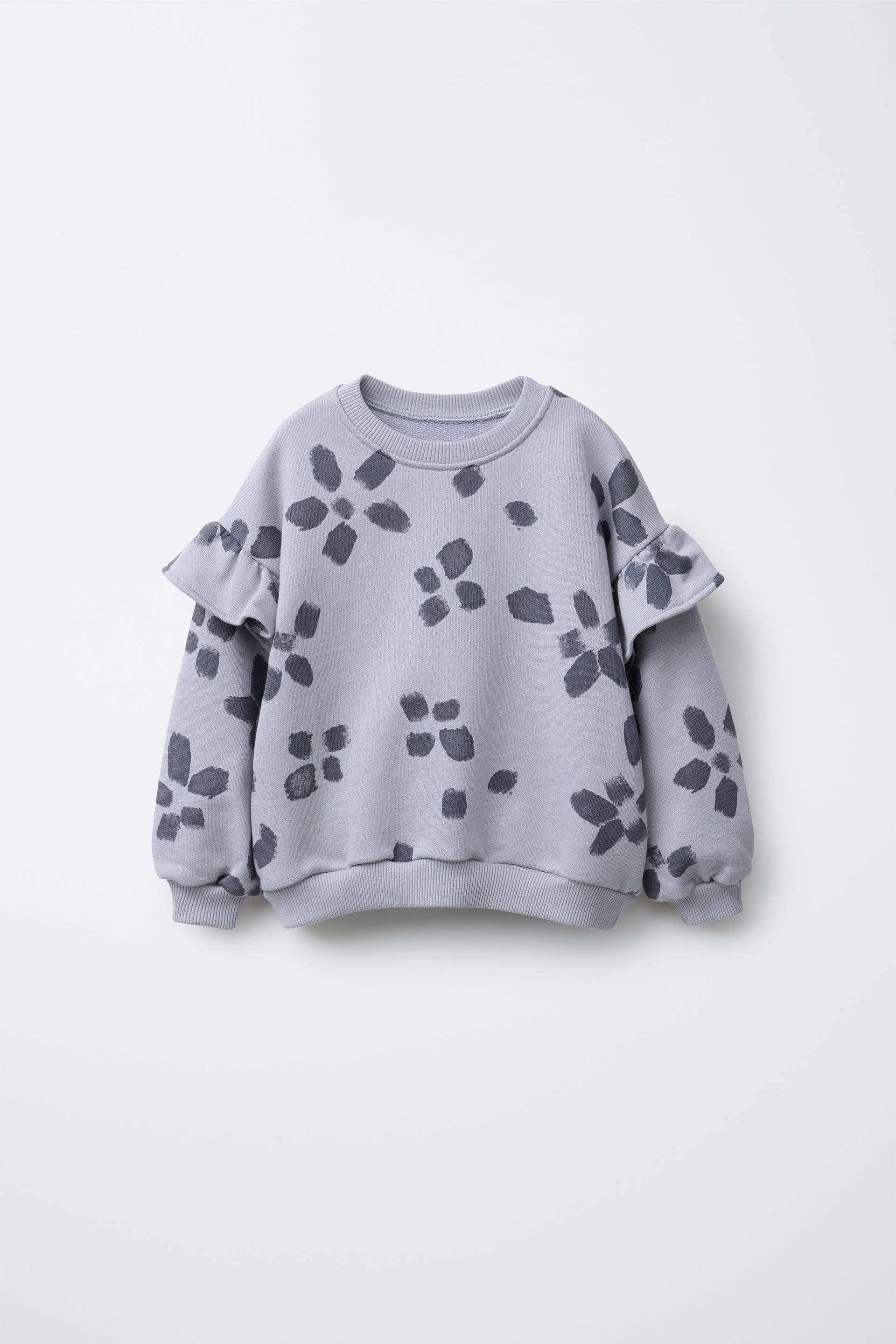 Kız Çocuk Pamuklu Gri Çiçek Desenli Sweatshirt ve Tayt Takım - Rahat Kesim, Fırfır Detaylı