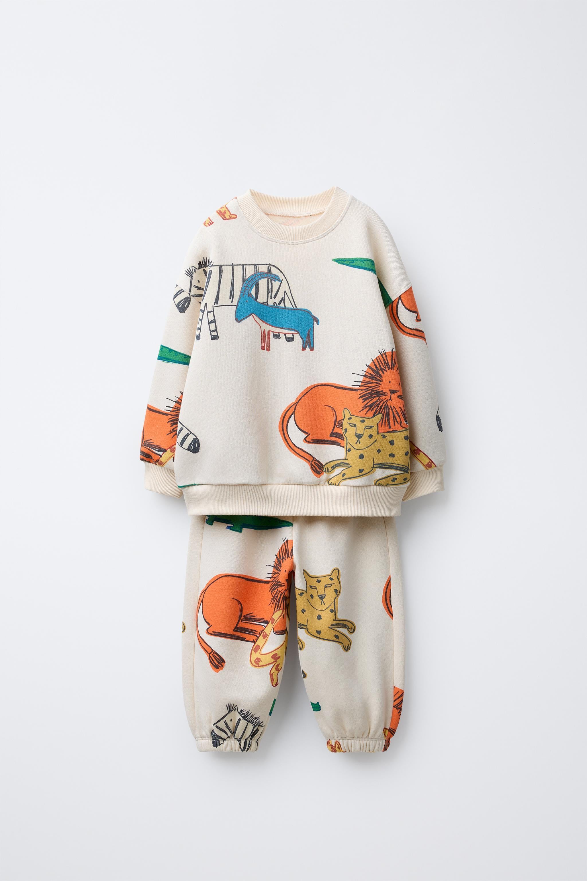 Unisex Çocuk Pamuklu Krem Safari Hayvan Desenli Sweatshirt ve Jogger Eşofman Takım