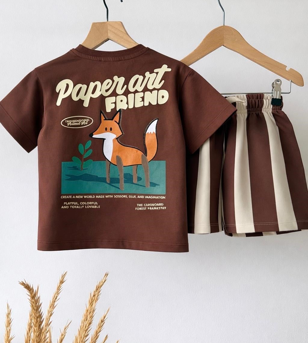 Unisex Çocuk Pamuklu Kahverengi Tilki Baskılı T-Shirt Şort Takım