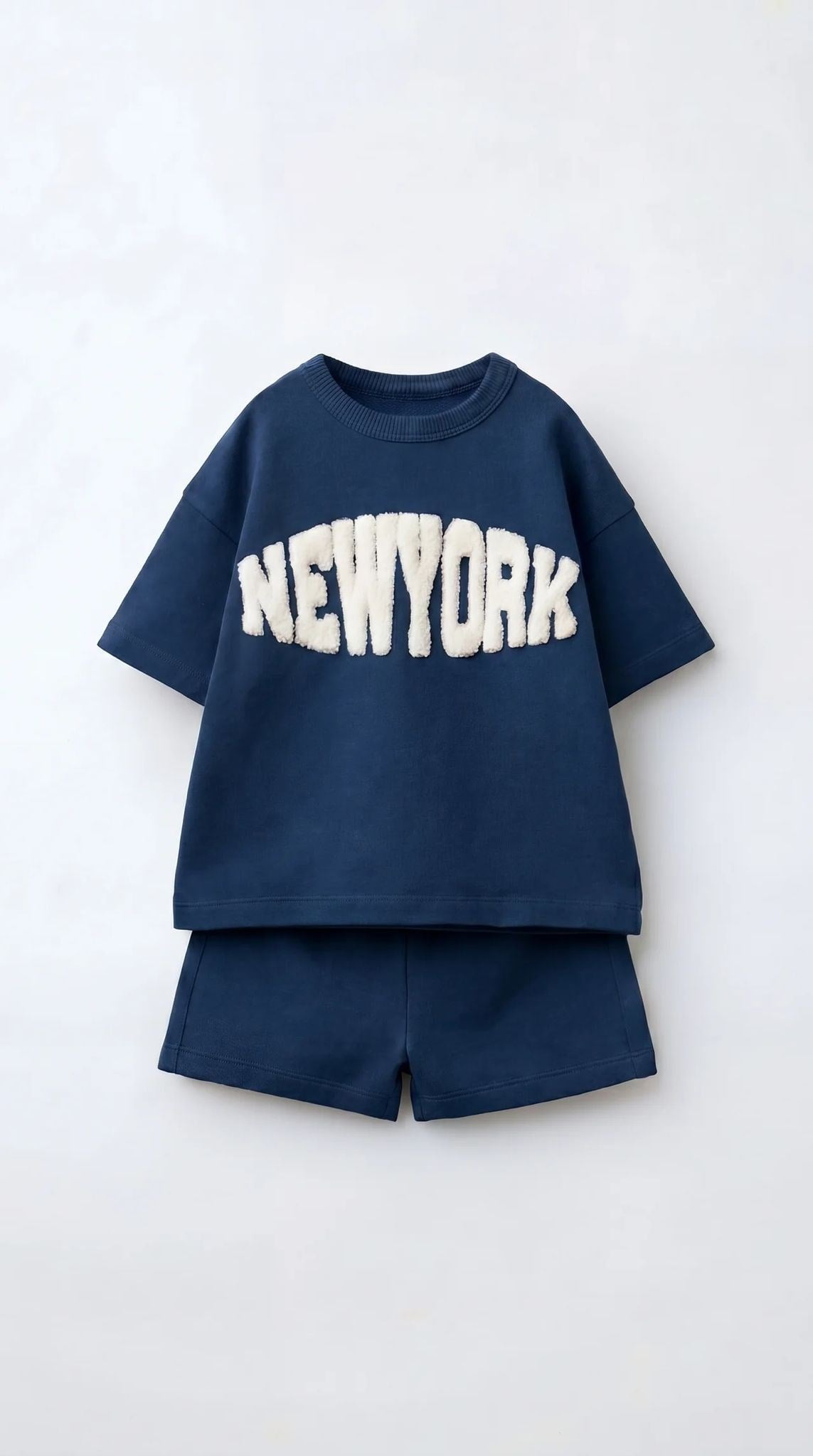 Erkek Çocuk Pamuklu Mavi New York Yazı Aplikeli T-shirt Şort Takım