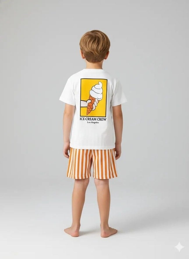 Unisex Çocuk Pamuklu Beyaz Dondurma Baskılı T-Shirt ve Çizgili Şort Takım - Yazlık