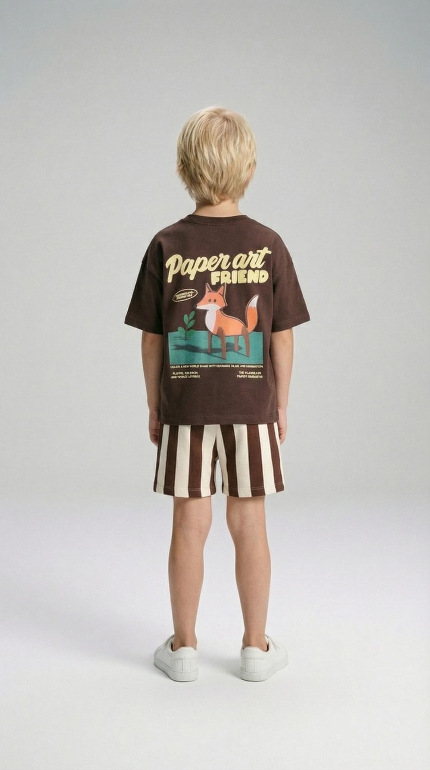 Unisex Çocuk Pamuklu Kahverengi Tilki Baskılı T-Shirt Şort Takım